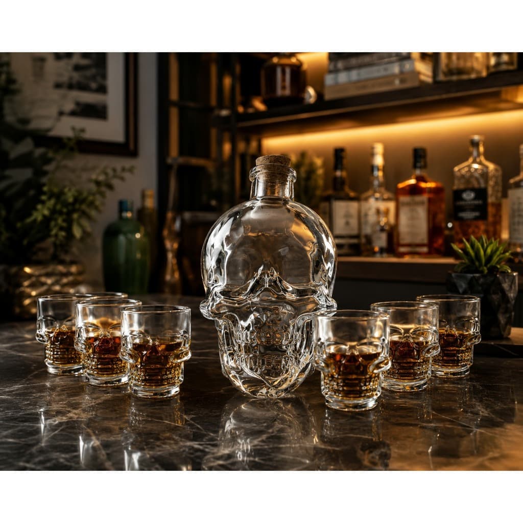 Garrafa Licoreira Vidro Caveira 400ml + 6 Copos Shot Crânio
