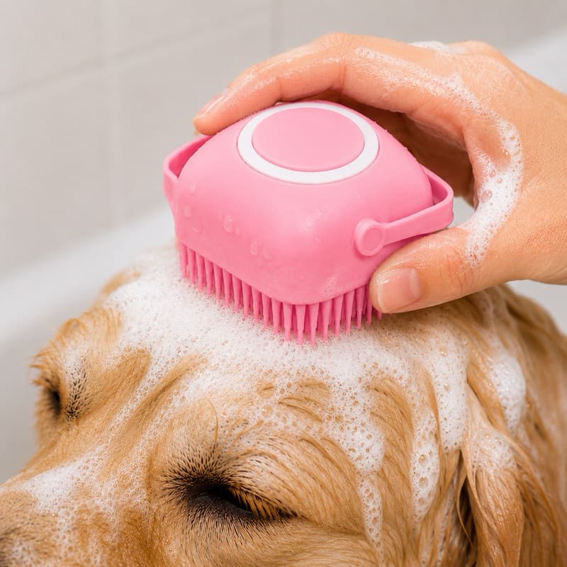 Escova Massageadora de Silicone com Dispenser para Shampoo Banho Pet 8x8cm