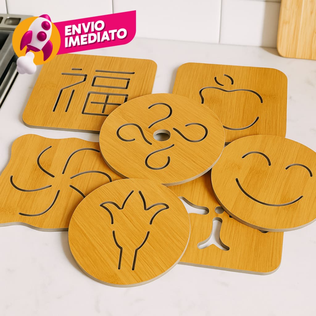 Kit Descanso De Panela Bambu Protege Mesa E Bancada 02 Formatos Quadrado Redondo Para Cozinha