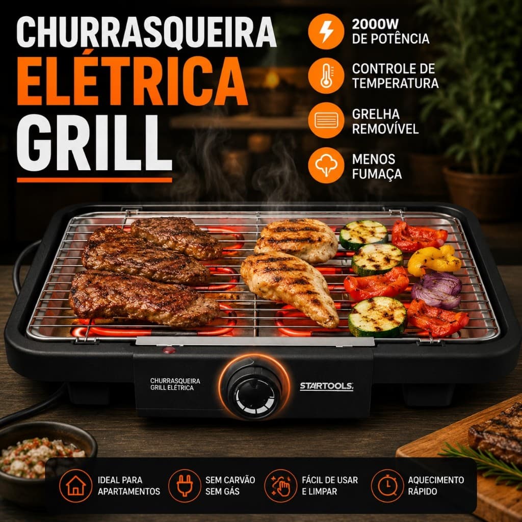 Churrasqueira Elétrica Grill 2000W Grelha Removível Controle Temperatura 127V