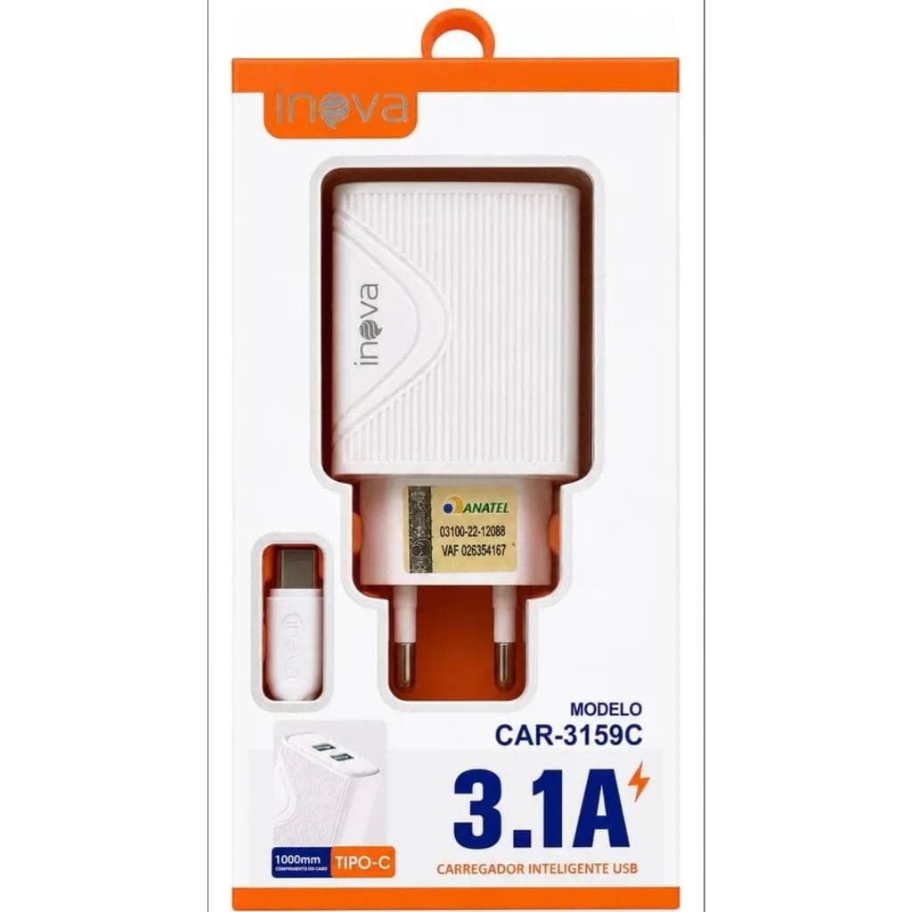 Carregador Rápido Inova 3.1A Duas Portas USB Tipo C Fonte De Parede Inteligente Com Cabo De Um Metro