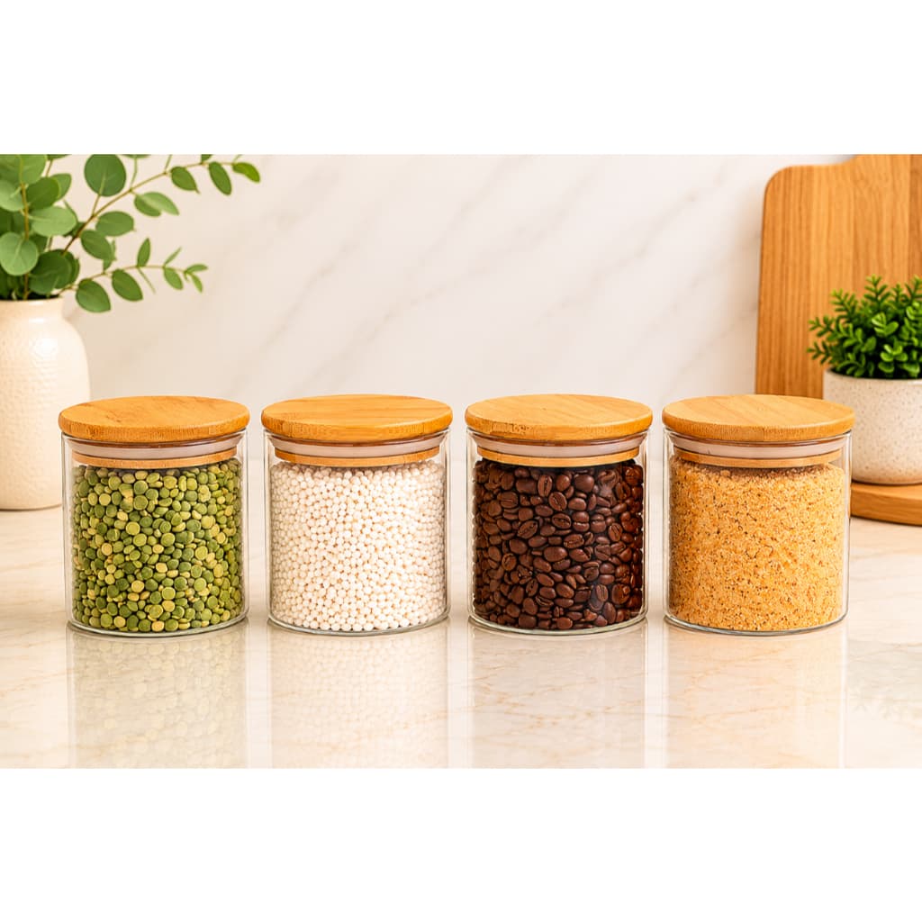 Potes de Vidro com Tampa de Bambu Kit com 4 500ml Mantimentos Herméticos Oikos Pote Cozinha Alimentos Tempero Redondo