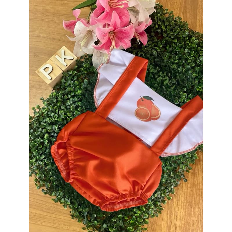 Jardineira Romper Bebê Menina Body Temático Book Festa Mesversário frutinhas cereja melancia uvinha pera p sua princesa