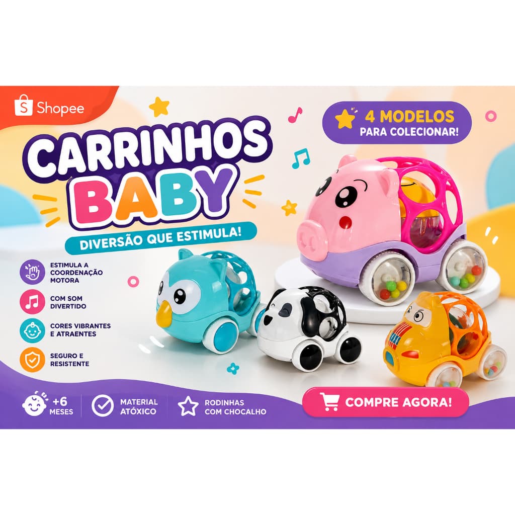 Chocalho Carrinho para Bebê Estimulo Visual e Sonoro Carrinho de Animais Chocalho Infantil