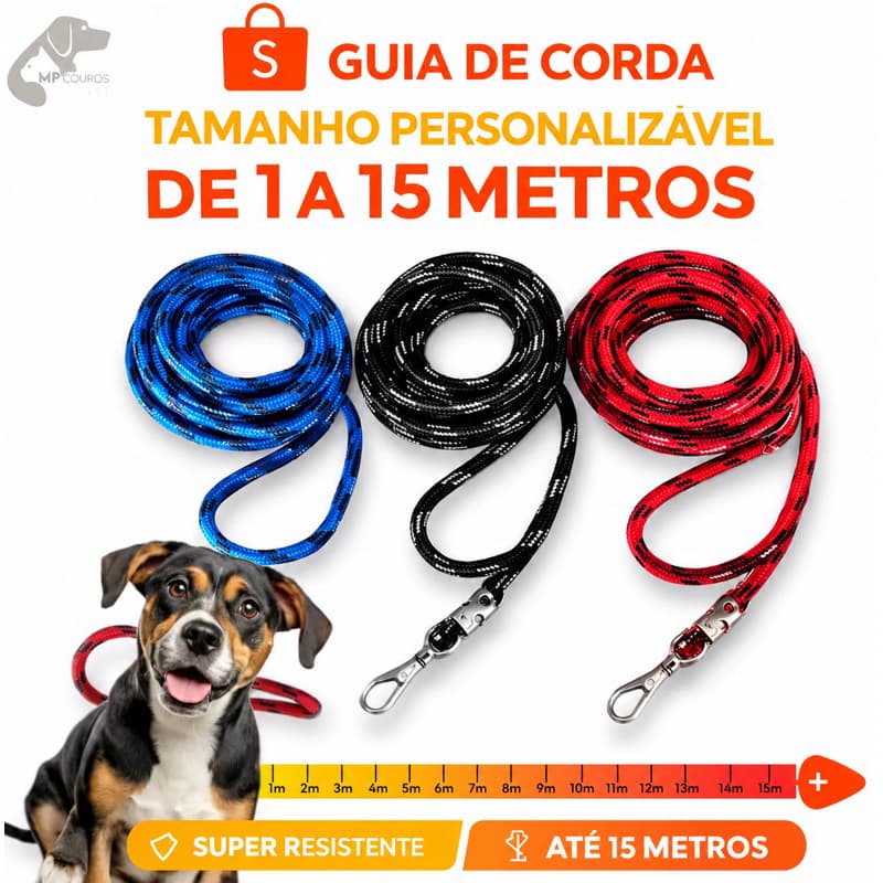 Guia Longa para Cachorro 1 a 15 Metros Corda Reforçada Personalizável para Treino Passeio e Adestramento