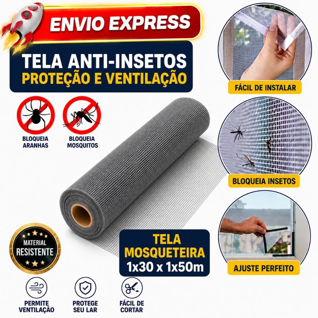 Tela Mosquiteiro Para Janela Com Velcro Anti-inseto 1,30 X 1,50m Pernilongo Fácil instalação