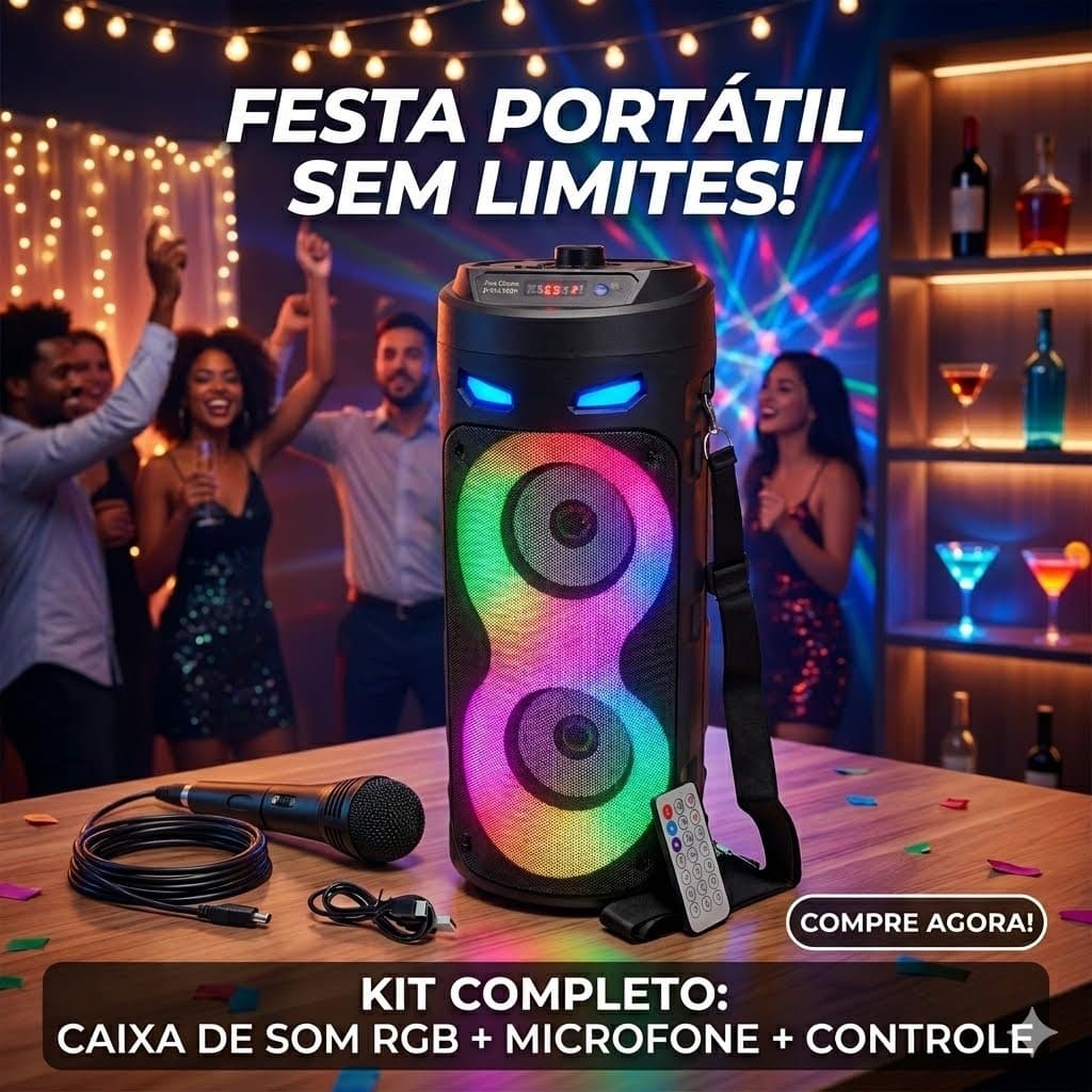 Caixa de Som Bluetooth Usb Portátil Sd Auxiliar Microfone Led Rgb Radio Fm Karaoke Subwoofer Bateria