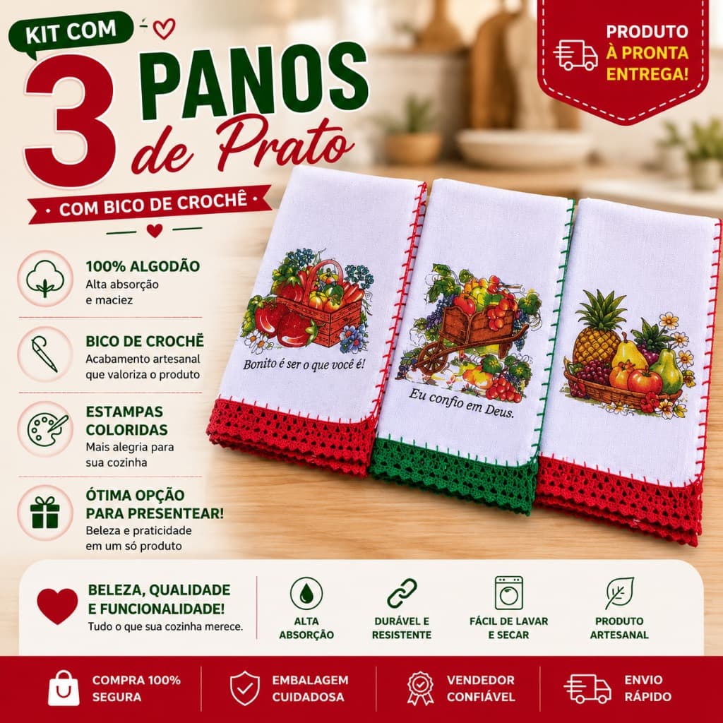 KIT 3 PANOS DE PRATO ESTAMPA VARIADAS COM BICO EM CROCHE COM ALTA QUALIDADE E 100% ALGODAO