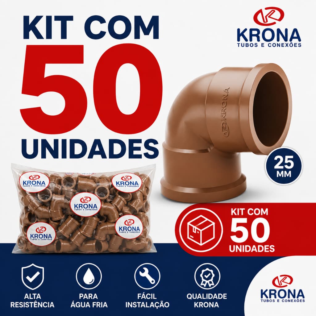 Kit 50 Unidades Joelho Cotovelo  90 Graus Soldável 25mm  3/4" Krona PVC Marrom Para Água Fria Conexão Hidráulica