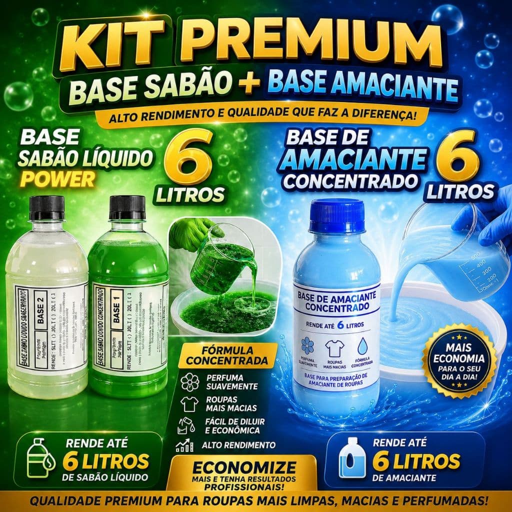 Kit Base Power Lava Roupas Rende 6 Litros + Base Amaciante Rende 6 Litros Premium