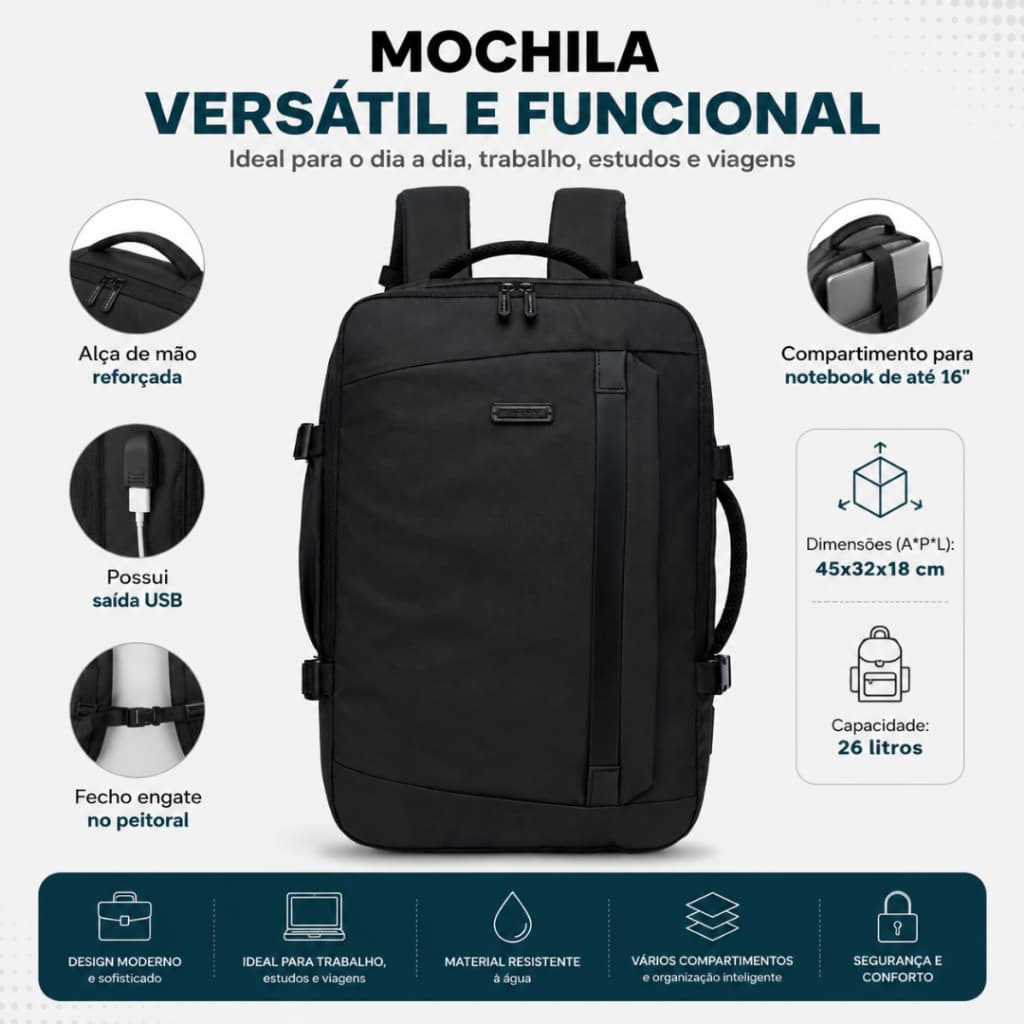 Mochila Executiva Masculina Polo One Notebook 16 USB Trabalho Faculdade 26L