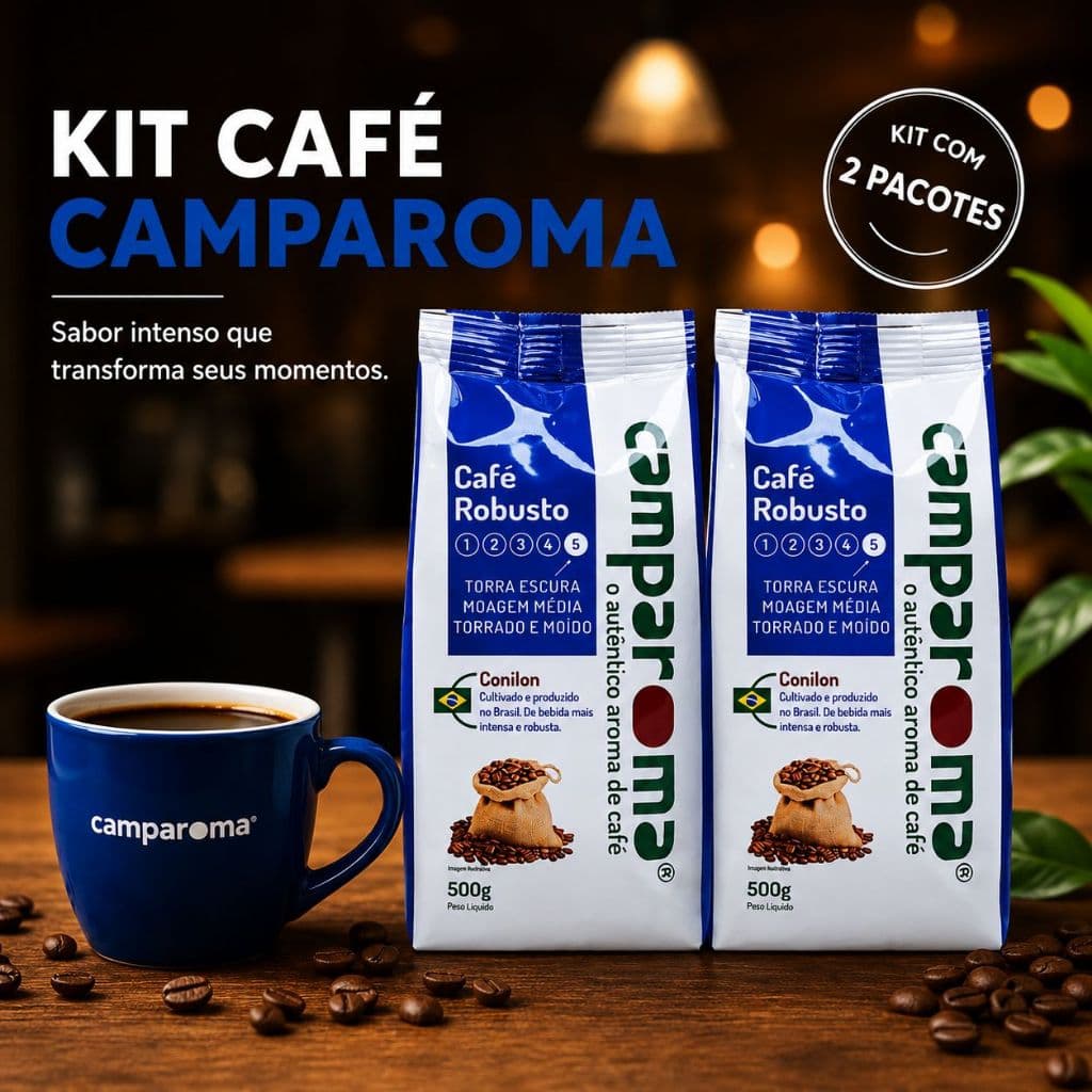 Camparoma Kit 2 Pacotes de Café Conilon Moído e Torrado com 3X mais Cafeína Robusto 1Kg