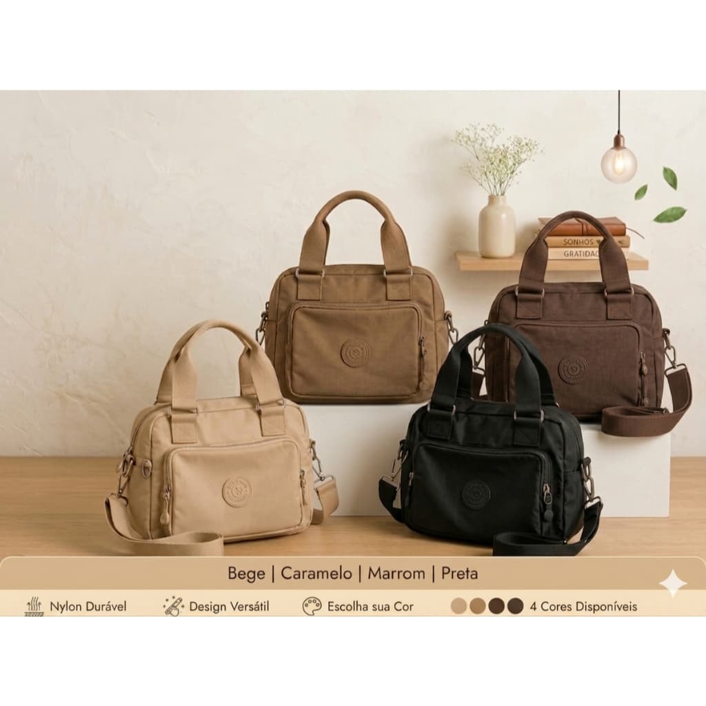 Bolsa Feminina Transversal Impermeável Nylon Casual uso diário - Bege - Caramelo, Preta e Café(Marrom) -28CM comprimento