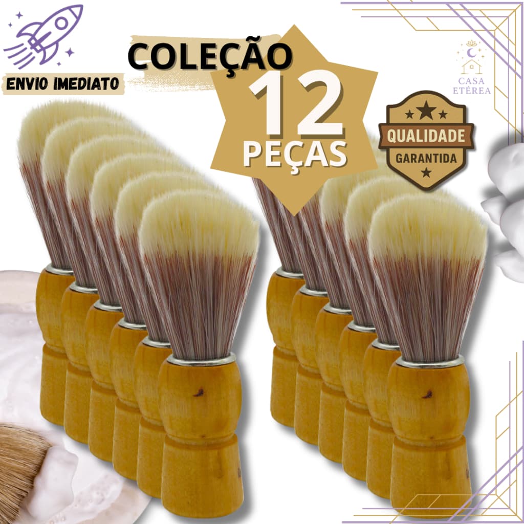 12 Pincel de Barbear Cabo Madeira Cerdas Macias para Barbeiros Profissionais em Barbearia Salão Casa