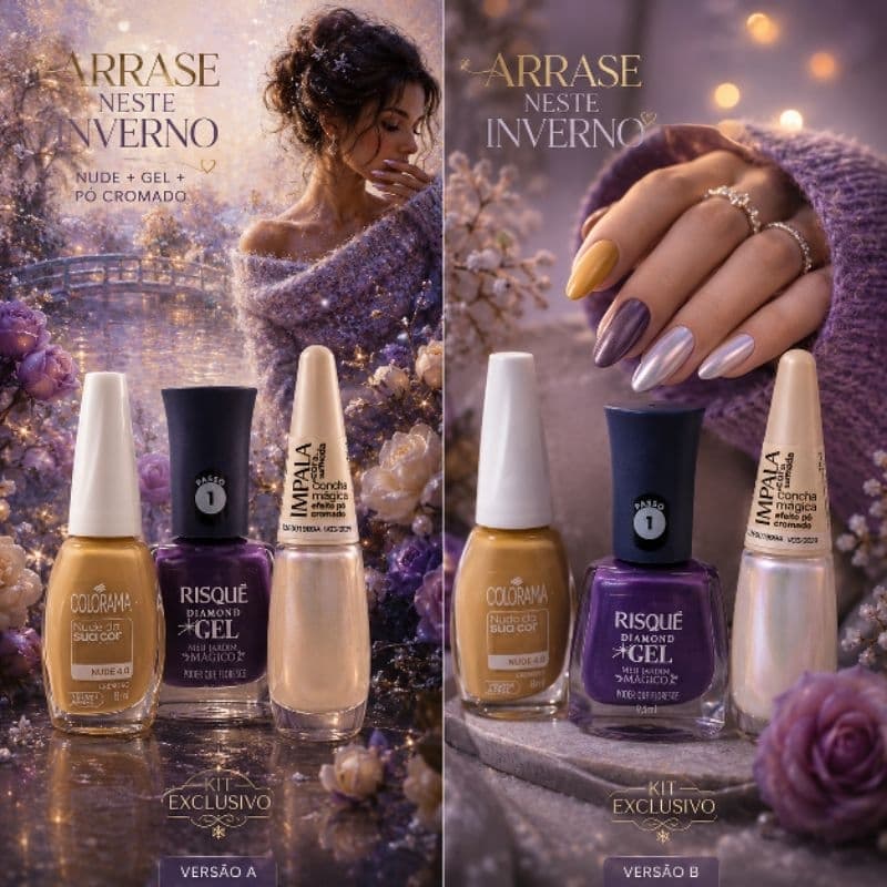 Kit Inverno Mágico Colorama Nude 4.0 + Risqué Diamond Gel Meu Jardim Mágico + Impala Concha Mágica efeito Pó Cromado