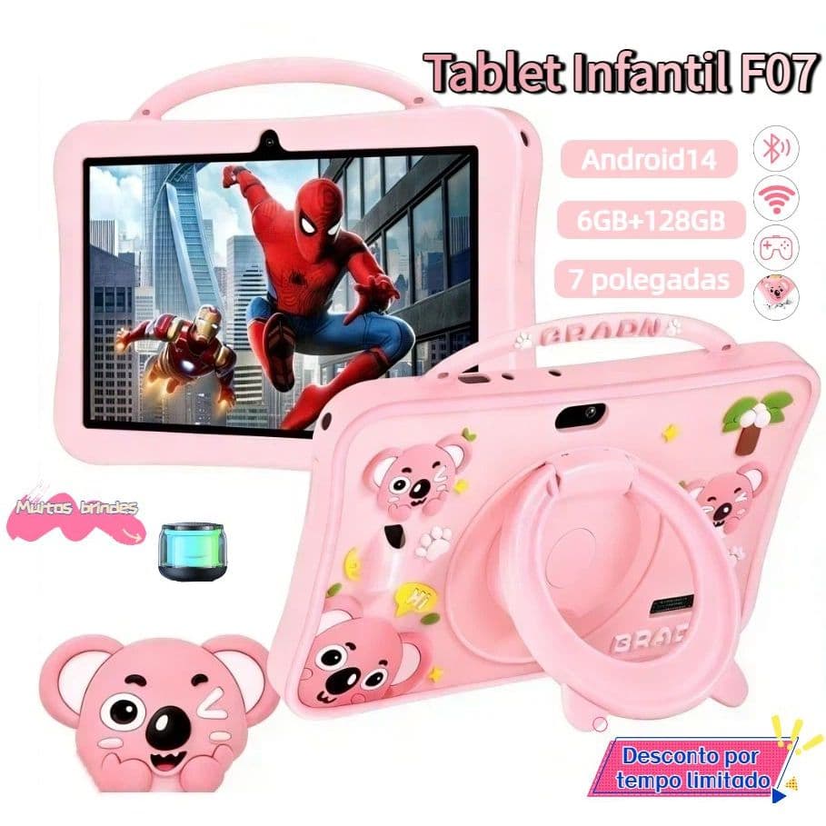 [Alça de ombro grátis] F07 Tablet Kids 7 polegadas wifi bluetooth Android 6GB+128GB