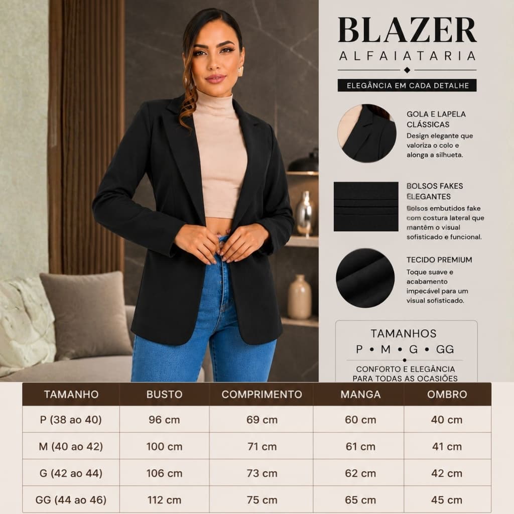 Blazer feminino alfaiataria Elegante forrado luxo Bolso Fake