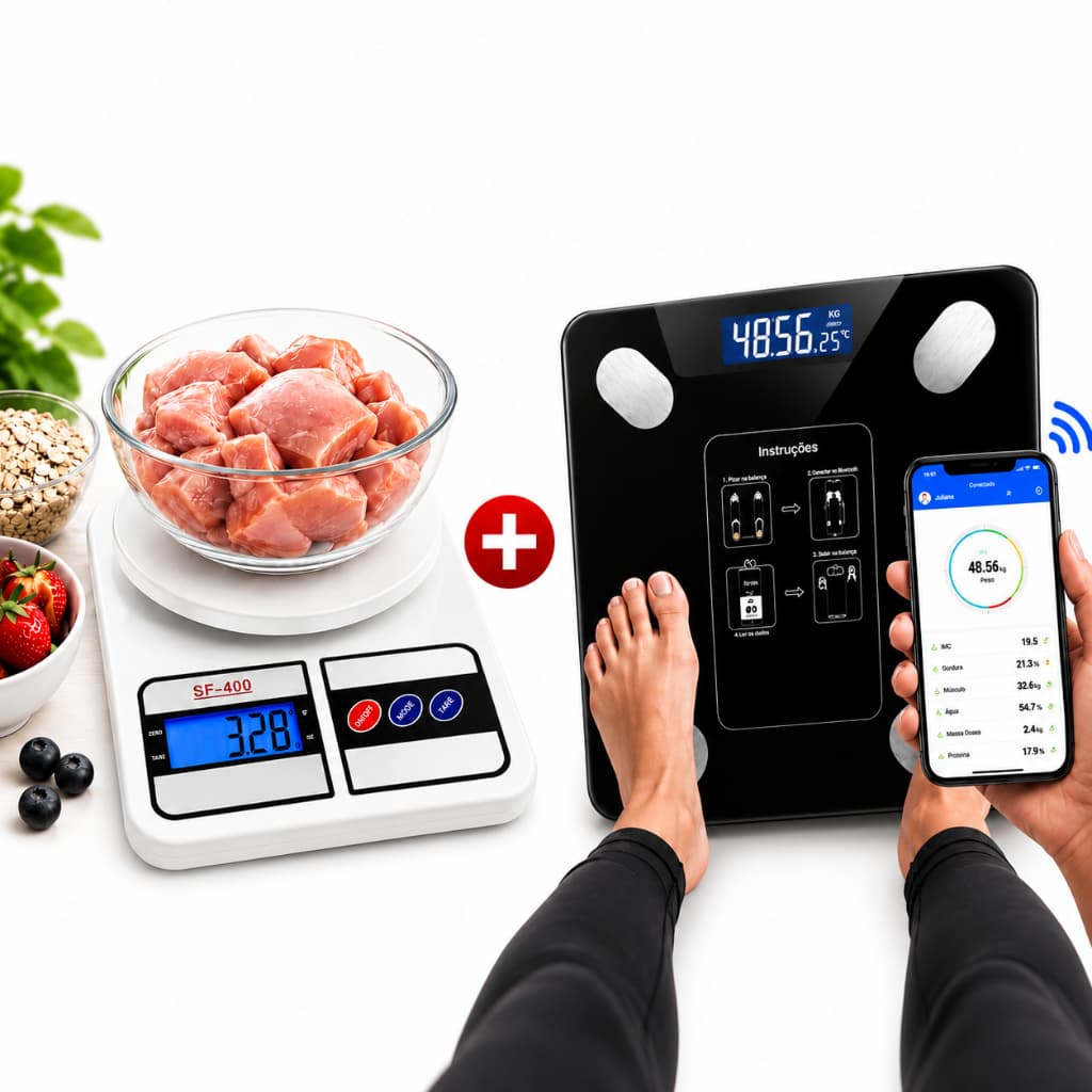 Kit Balança Corporal Bioimpedância Digital IMC Bluetooth 180KG + Balança Cozinha Alta Precisão 10kg