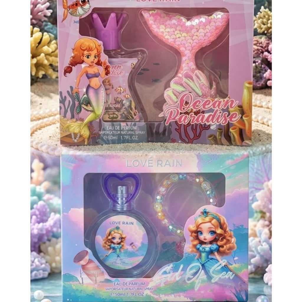 Kit Perfume Infantil Lové Rain Girl Of Sea e Ocean Paradise com Pulseira e Presilha