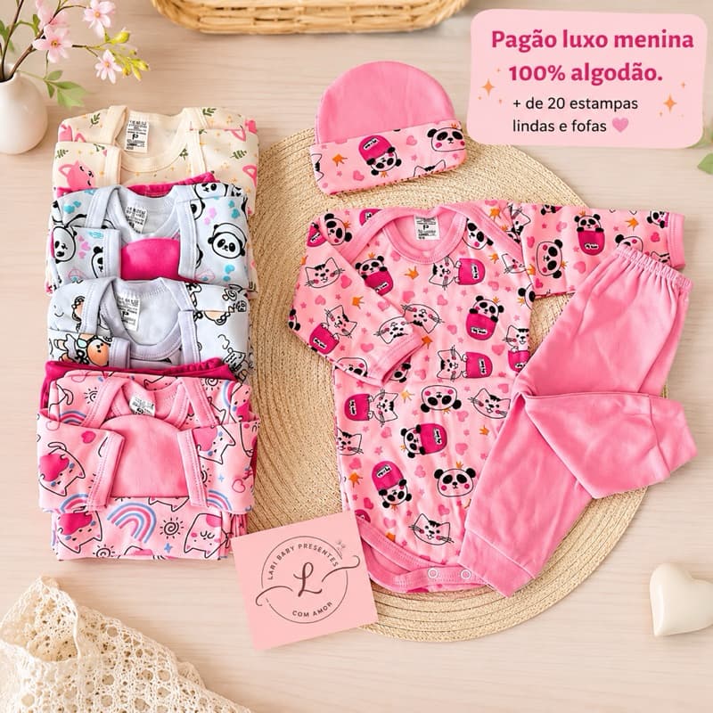 Pagão luxo com touca menina RN,P,M - 1 body 1calça/mijão 1 touca - roupa para bebe feminina