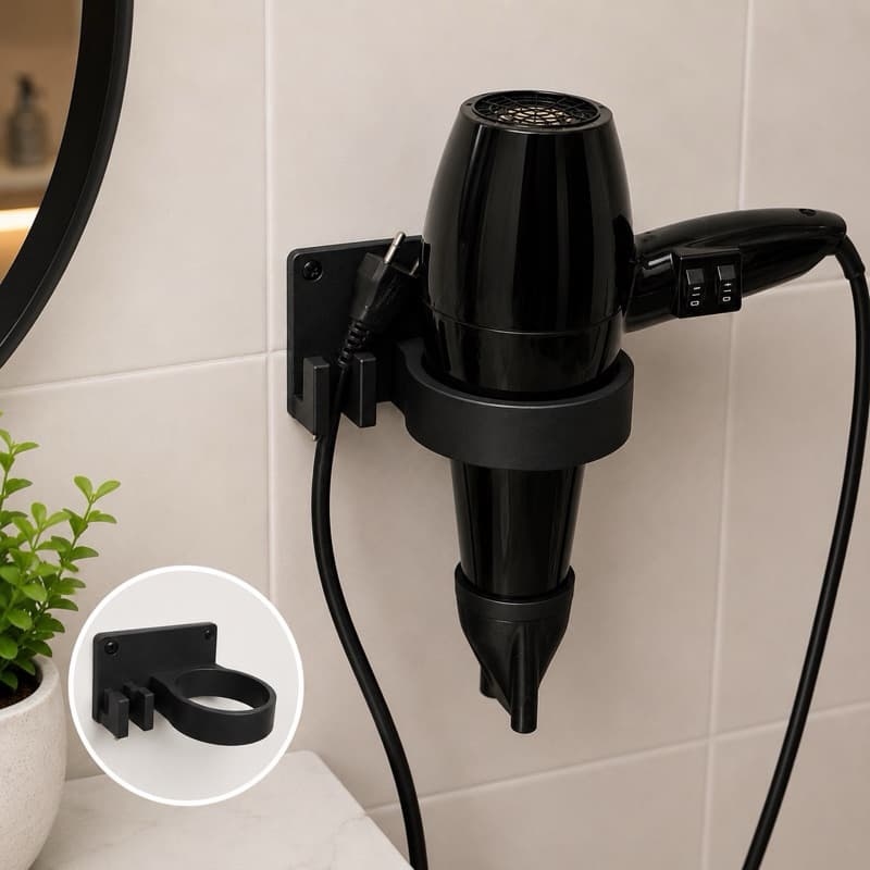 Organizador Suporte Secador De Cabelo Banheiro Adesivo Sem Furar Parede Fita Dupla Face Prático Resistente Preto Branco