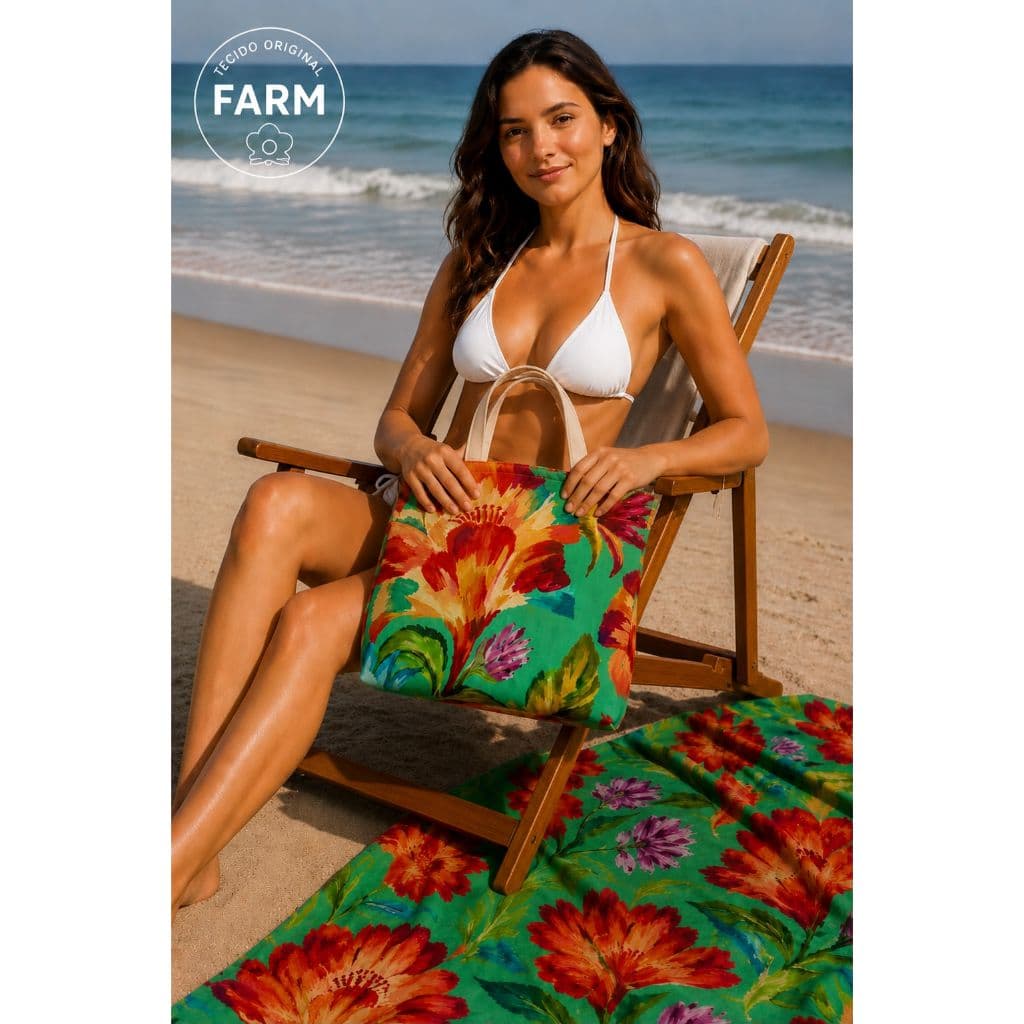 Kit Canga + Bolsa Tecido Original FarmRio Pareô Bolsinha Max Bolsa Pareô Saida de Praia Piscina ecobag Sholderbag sacola