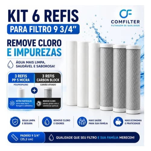 Kit Refil Filtro 9 3/4 3 Carbon Block + 3 Polipropileno Liso - 5 MICRA