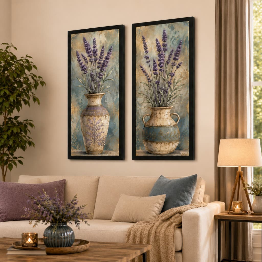Quadros Decorativos Lavanda em Vasos Vintage – Kit 2 Peças Premium para Sala, Quarto e Escritório