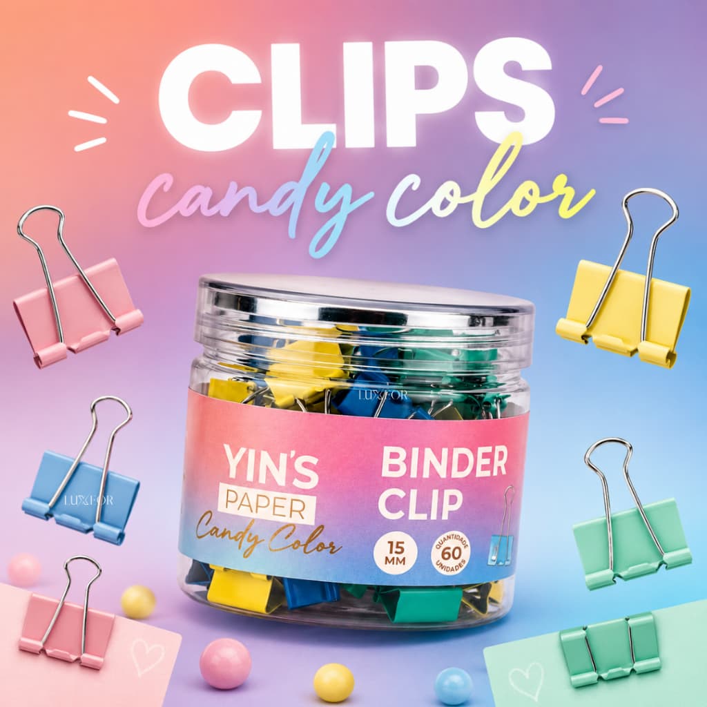 Prendedor De Papel Binder Clip 15mm Candy Color Pote 60 Unidades Pastel Kawaii Papelaria Fofa Mesa