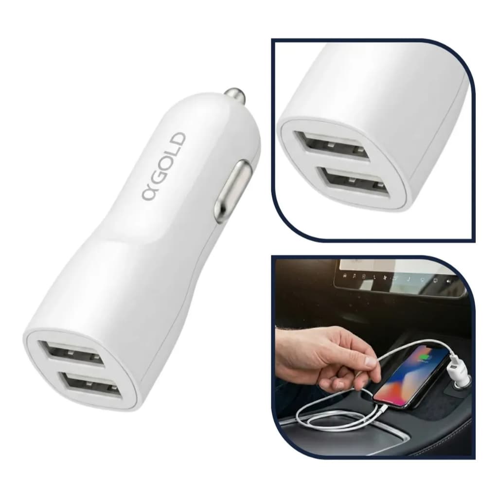 Carregador Veicular Duplo USB-A αGOLD Carga Rápida Universal 12V/24V Compacto Preto e Branco