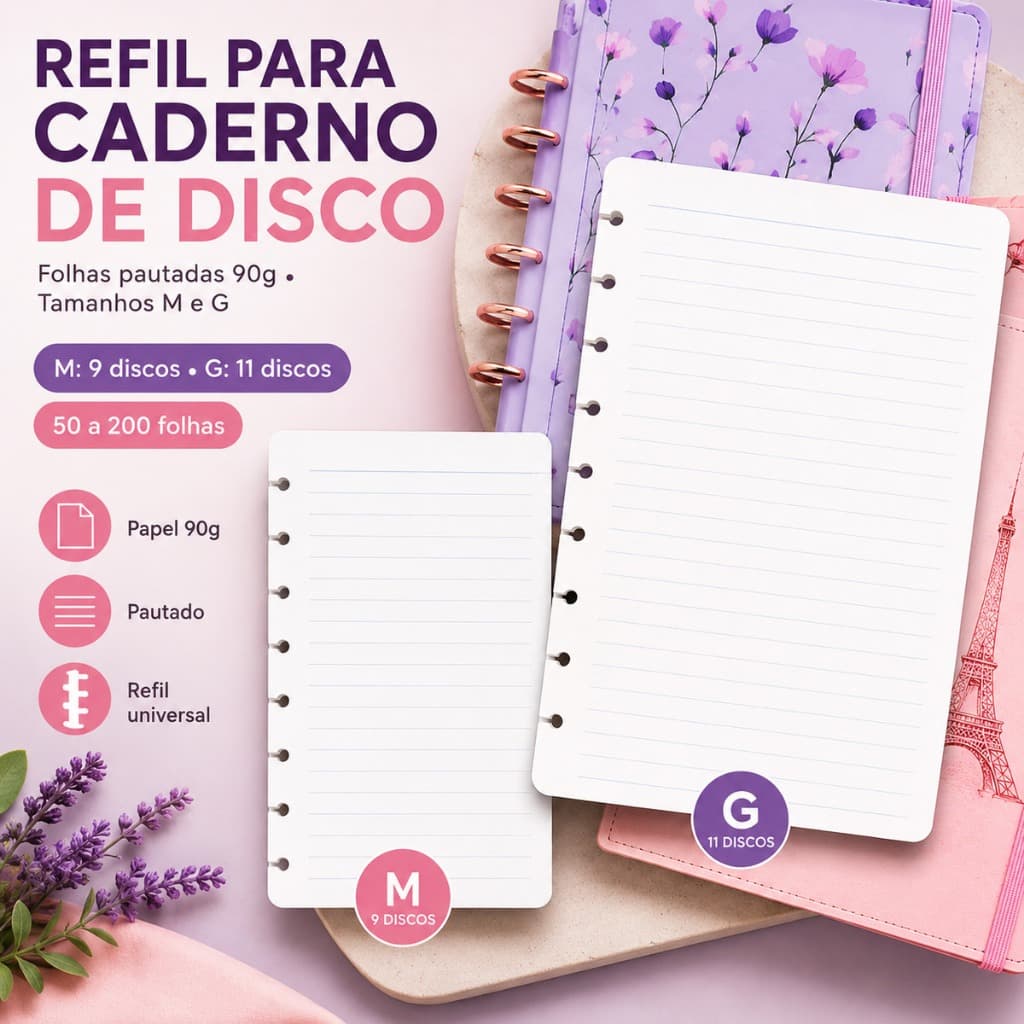 Refil Folha Pautada 90G Caderno Disco Inteligente M/G Premium 50/100/150/200 Reposicionavel Universal