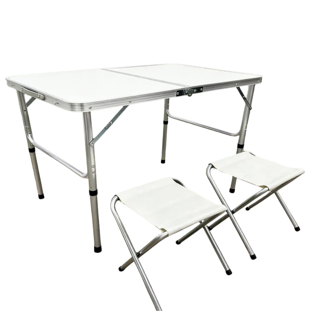 Mesa Dobravel 90 x 60 cm com 2 Bancos Vira Maleta com Alça Casa Camping Jardim Festa Pesca Eventos Branca Portátil