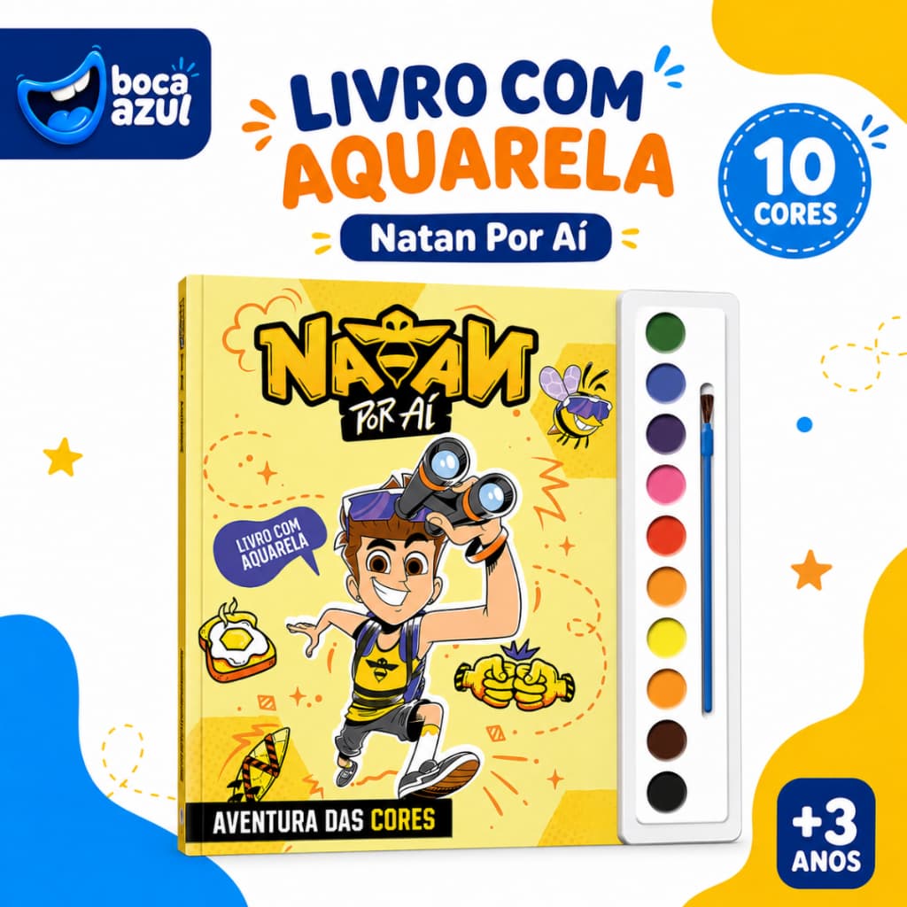 Livro Colorir Aquarela Natan Por Aí Aventura Das Cores Com Pincel Tinta Infantil Boca Azul