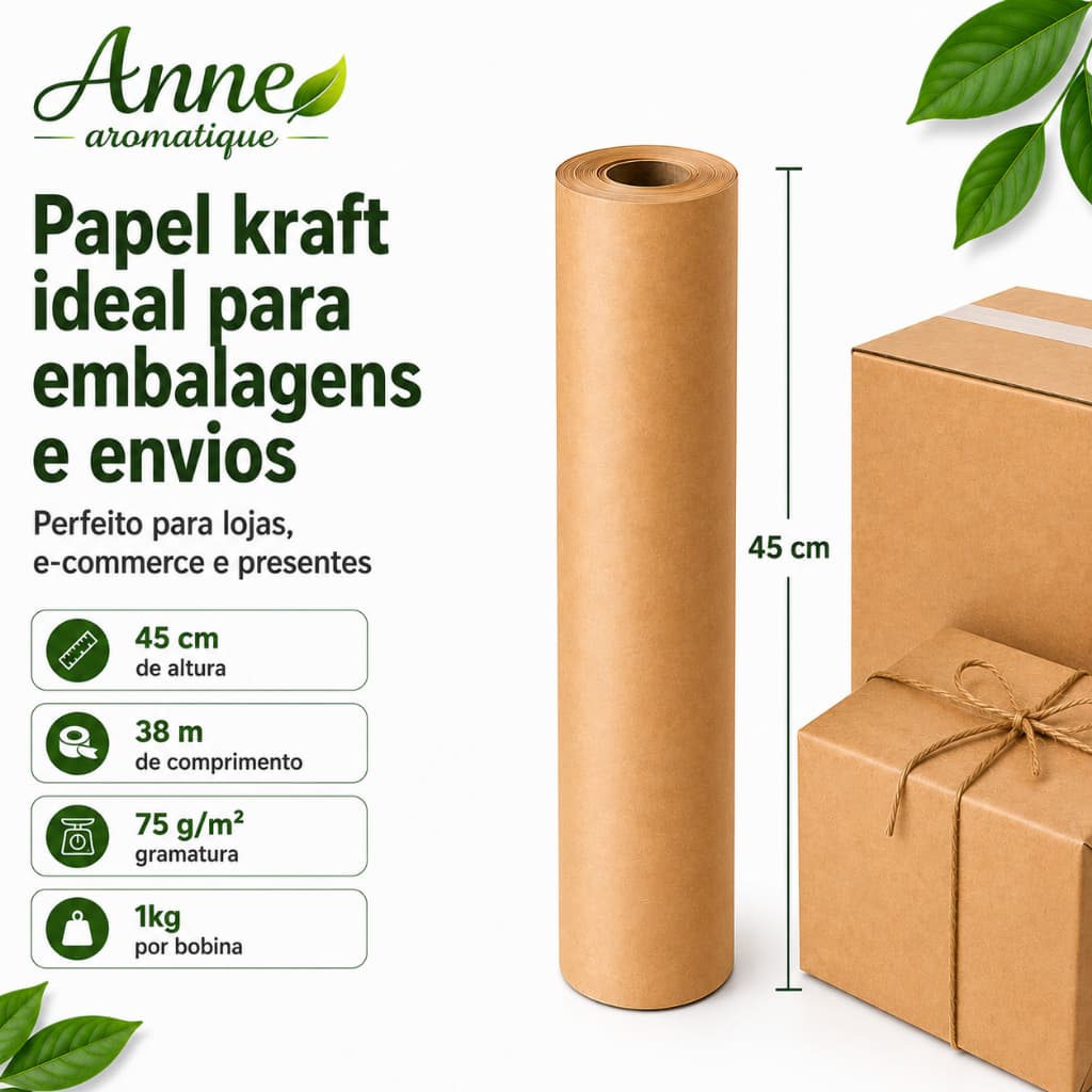Bobina de Papel Kraft, 45cm x 38m 75g/m² 1kg mais encorpado, melhor acabamento para presente.