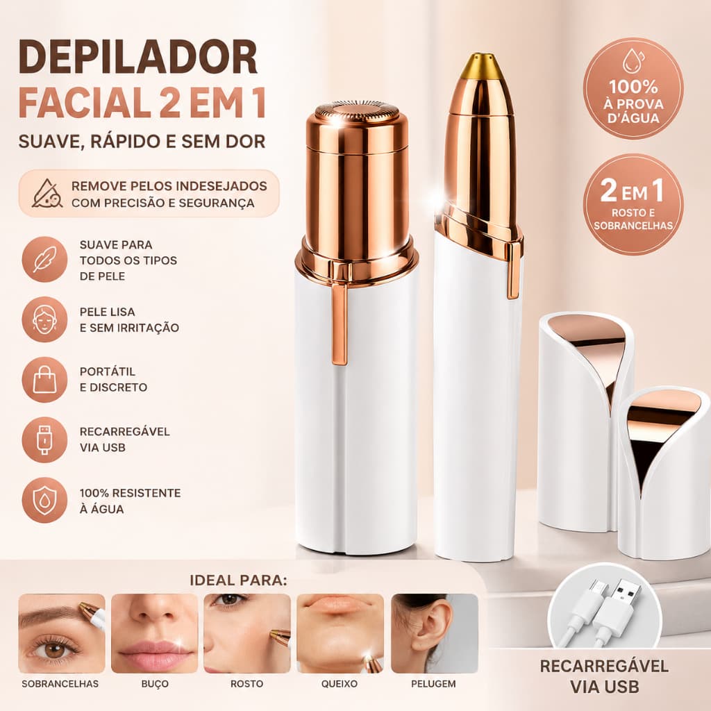 Caneta Depiladora Sobrancelha + Depilador de Rosto Buço Facial Indolor Batom Portátil