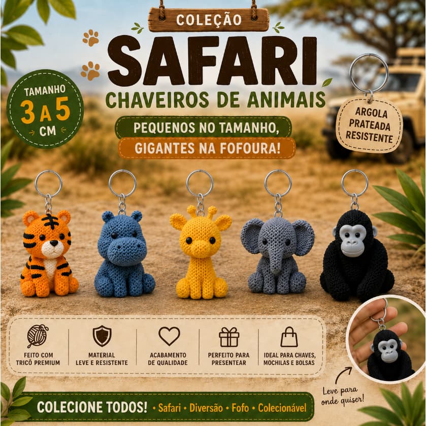 Kit 5 a 30 Unidades Chaveiro Safari Efeito Tricô 3 a 5cm – Decoração Infantil | Lembrancinhas | Festas Infantis