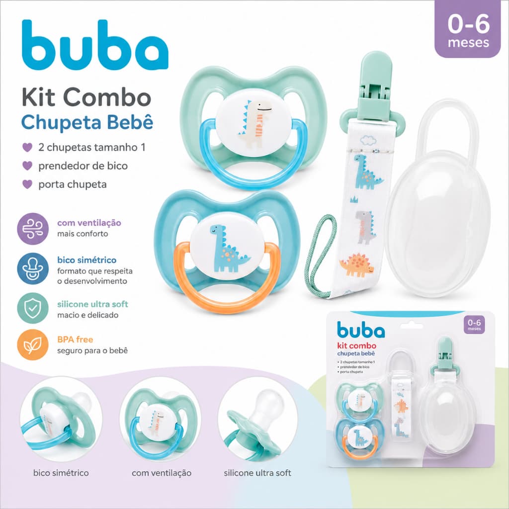 Kit Combo Chupeta Bebe 2 Chupeta Tamanho 1 Prendedor de Bico e porta Chupeta Menina Menia Rosa Azul