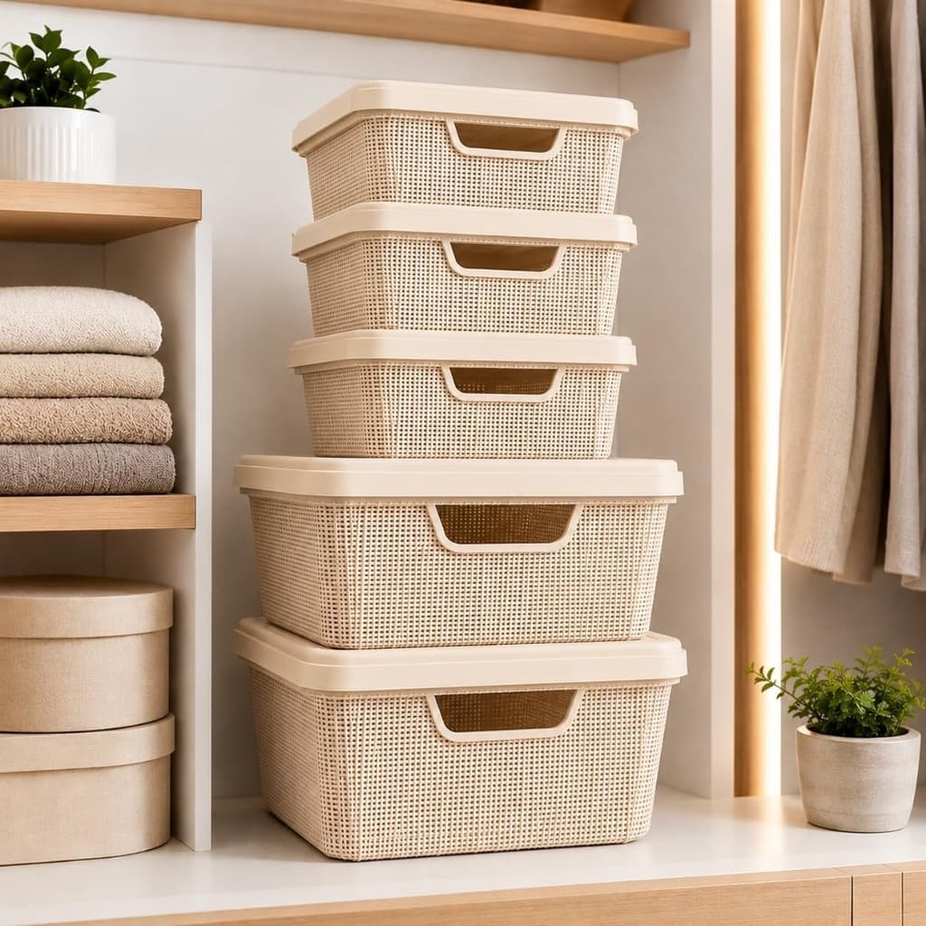 Kit 5 Caixas Organizadoras Com Tampa Jutta 1,8L e 5L Cesto Organizador Multiuso Plástico