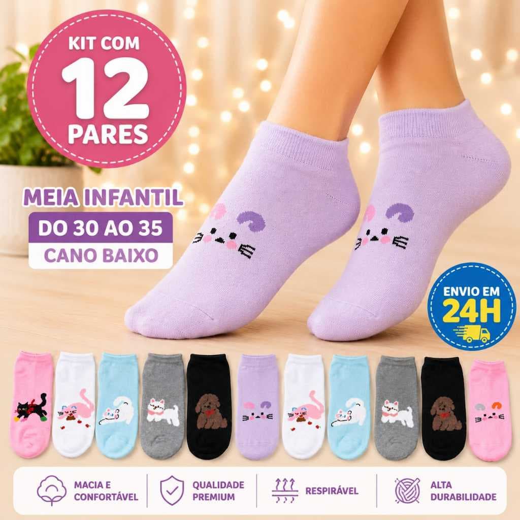 Meia Infantil Escolar Kit Econômico 3 6 12 Pares Estampas Fofas Cano Curto 31 ao 35 Conforto Premium Algodão