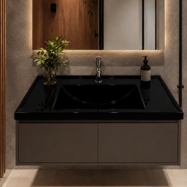 Pia Lavatório Banheiro Lavabo 60cm Preta de Mármore Sintético