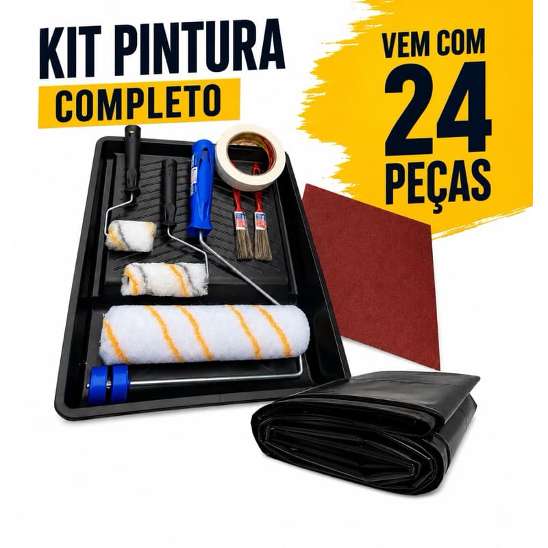 Kit Pintura Parede Bandeja Rolo Lã Fita Crepe E Pincel 24 Peças