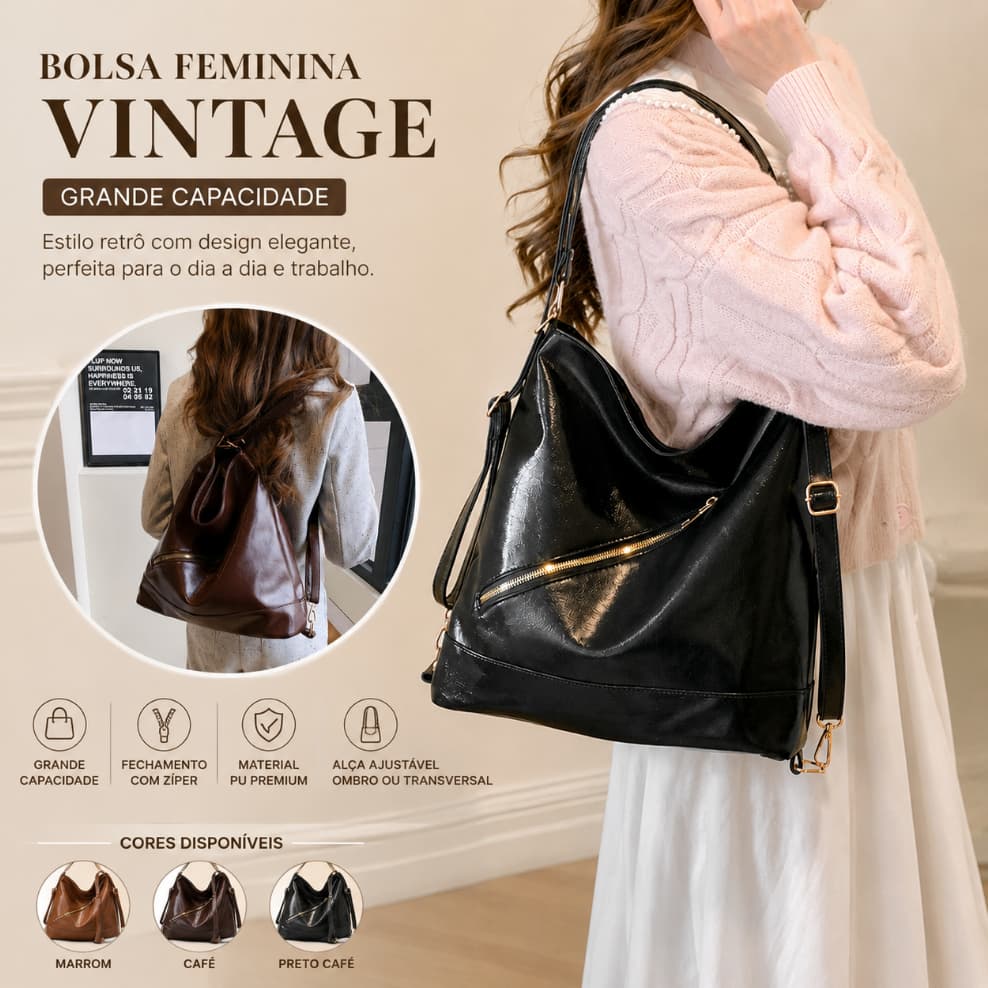 Bolsa Feminina Grande Capacidade Vintage Tote Bag Ombro Transversal Balde Elegante para Trabalho e Passeio