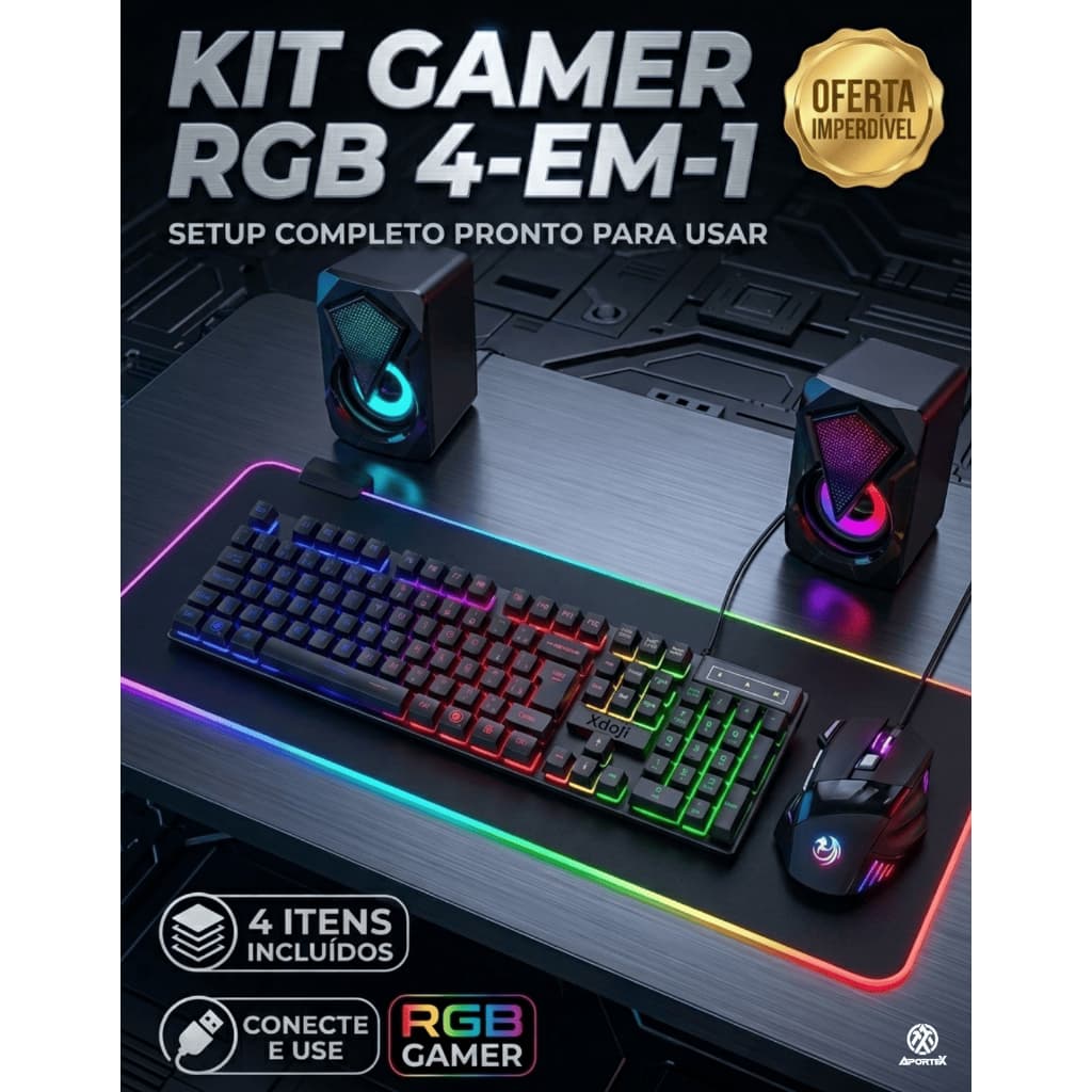 Kit Gamer 4 em 1 RGB Completo Teclado ABNT2 + Mouse 7 Botões + Mousepad XL + Caixa de Som Premium