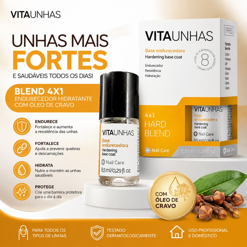 Base Endurecedora Vitaunhas 4x1 Óleo de Cravo Fortalecedor Para Unhas Fracas Quebradiças Crescimento Saudável 8,5ml