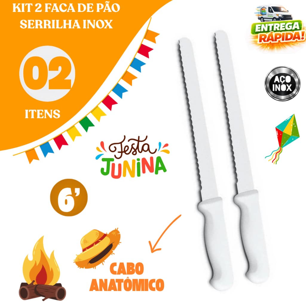 Kit 02/04/06 Faca Serrilhadas Inox Pão Bolo Torta Festa Junina Multiuso Restaurante Cozinha Familia