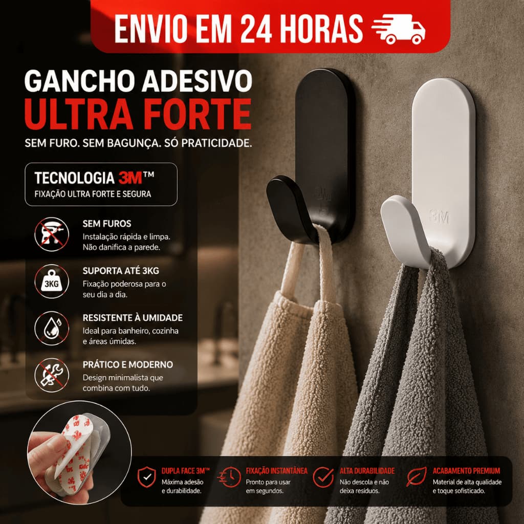 Gancho Autocolante 3M Alta Resistência – Fixação Instantânea | Não Danifica a Parede