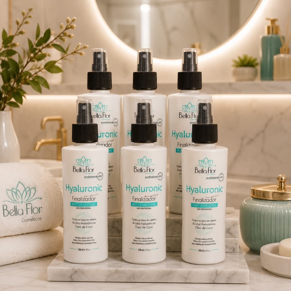 Kit 6 Spray Finalizador Hyaluronic 250ml Reparador Anti-Frizz Sem Enxágue Bella Flor Controle de Volume Uso Diário