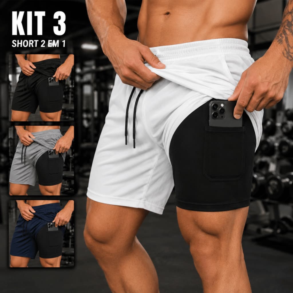 Kit 3 Shorts 2 em 1 Masculino Com proteção Uv+20 sport revolution bermuda para treinar sports