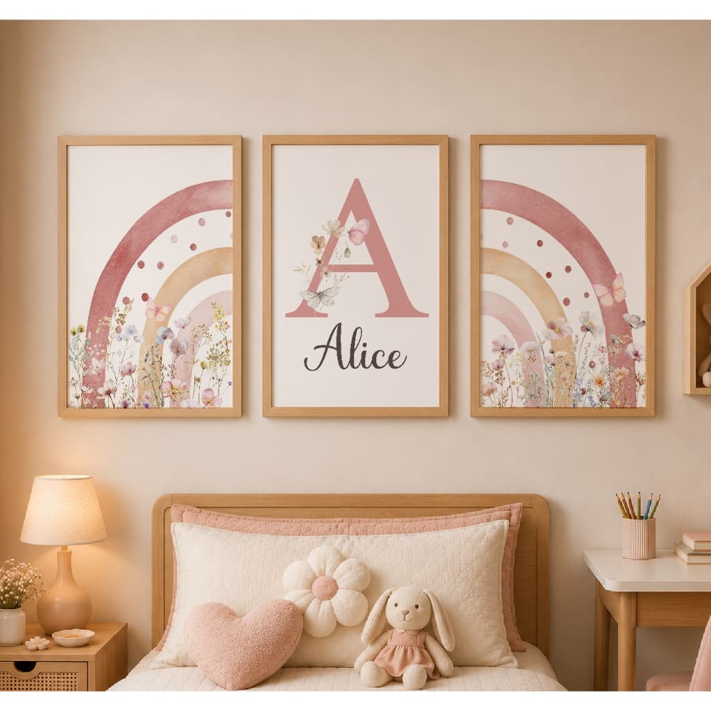 Kit 3 Quadros Arco-Íris Flores Borboleta Rosa com Moldura Personalizado com Nome Bebê Quarto Menina
