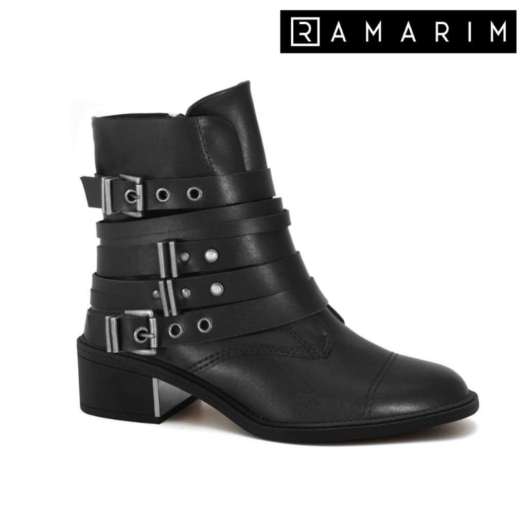 Bota Feminina Ramarim Salto Bloco Grosso Cano Curto Biker Tiras Fivelas Confortável Original